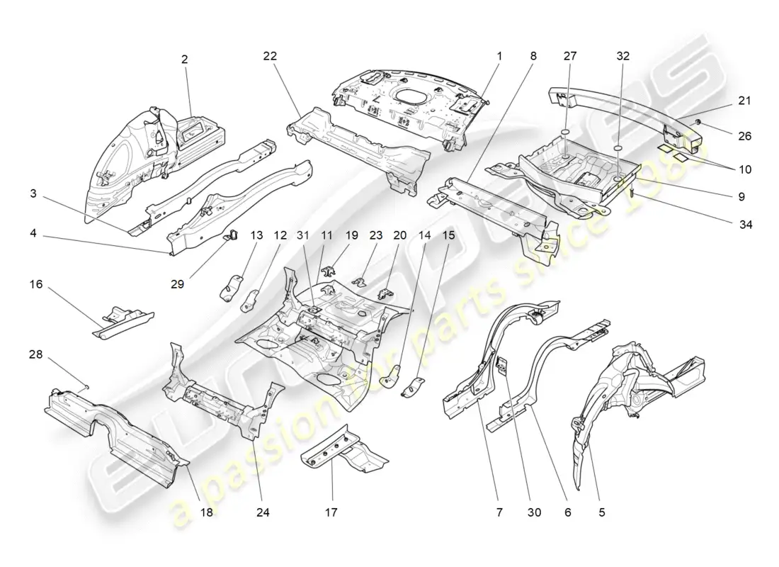 maserati qtp 3.0 tds v6 275hp (2015) diagrama de piezas de marcos estructurales traseros y paneles de chapa
