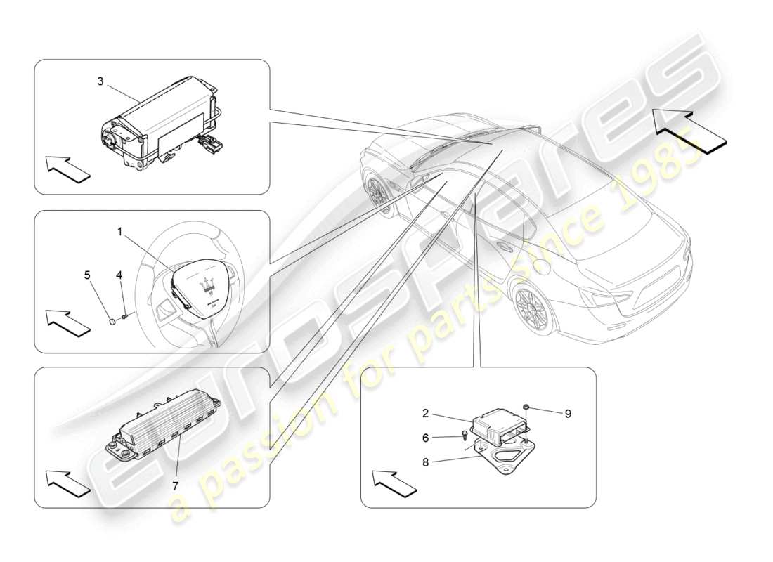 maserati ghibli (2018) diagrama de piezas del sistema de airbag delantero