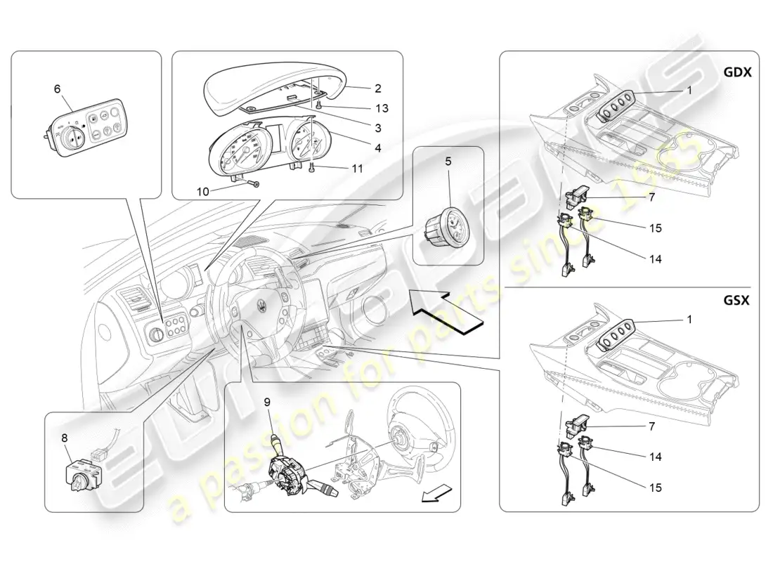 maserati granturismo s (2018) dispositivos del tablero diagrama de piezas