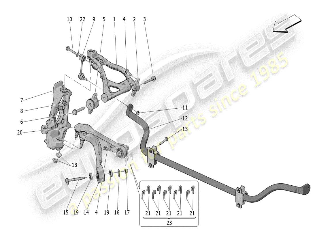 maserati mc20 (2024) diagrama de piezas de la suspensión delantera