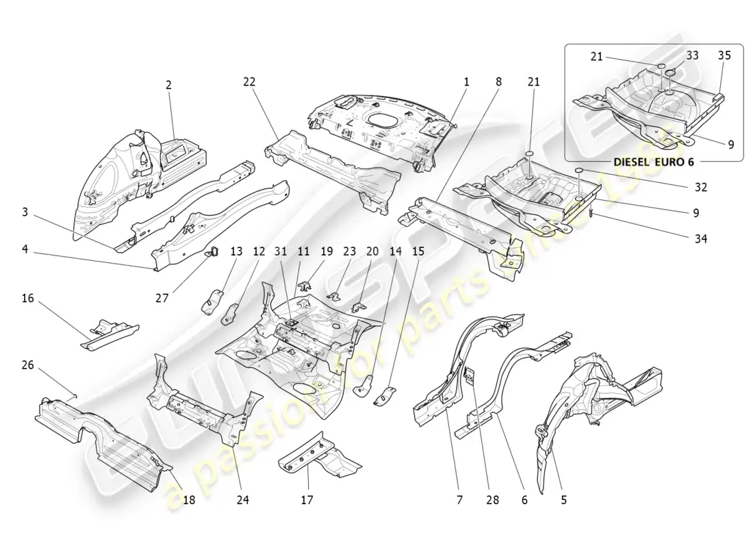 maserati qtp 3.0 tds v6 275hp (2015) diagrama de piezas de marcos estructurales traseros y paneles de chapa