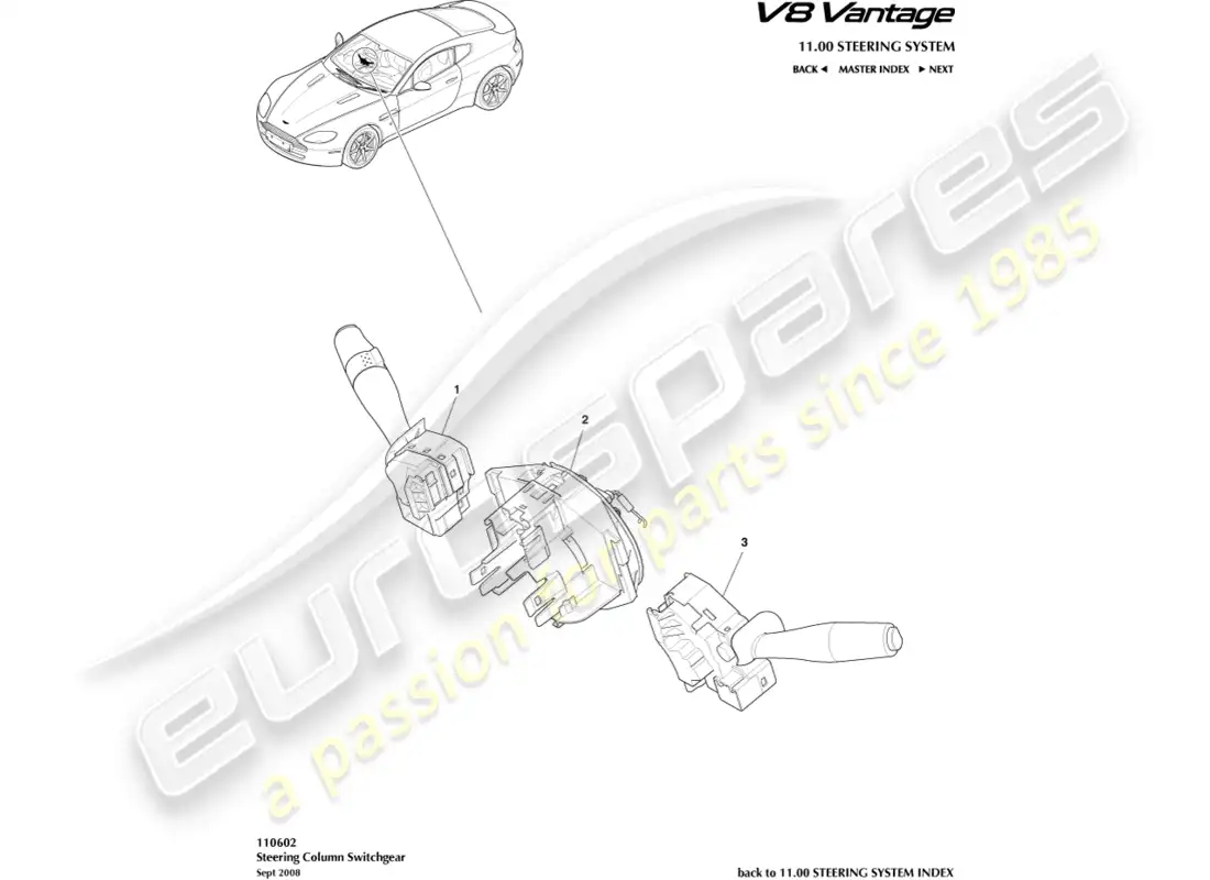 aston martin v8 vantage (2008) diagrama de piezas del interruptor de la columna de dirección