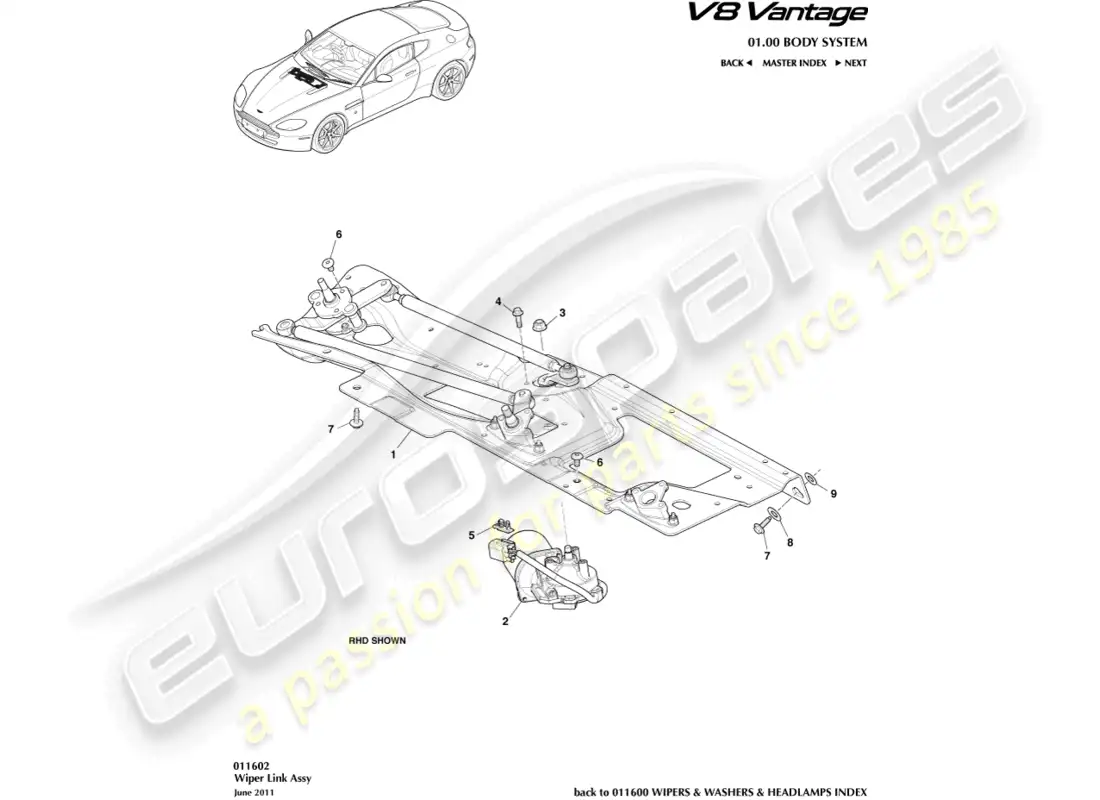 aston martin v8 vantage (2008) diagrama de piezas del conjunto del varillaje del limpiaparabrisas