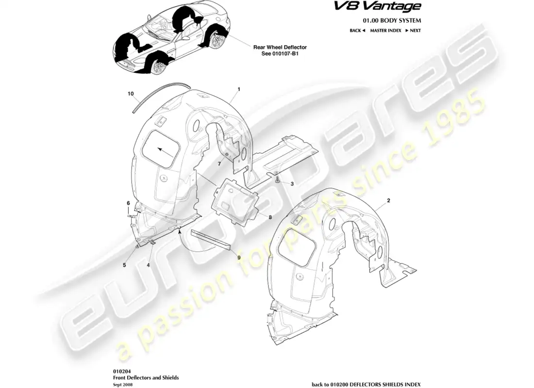 aston martin v8 vantage (2008) diagrama de piezas de los pasos de rueda delantera