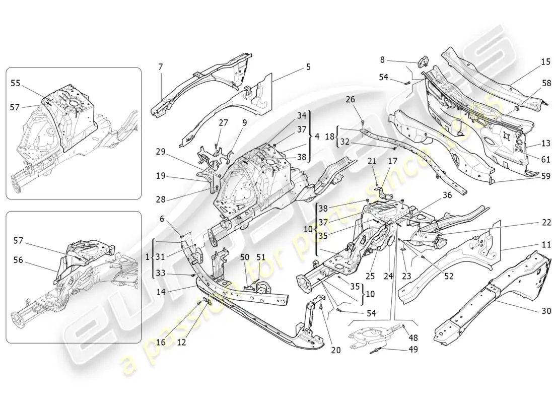 maserati qtp 3.0 tds v6 275hp (2015) diagrama de piezas de marcos estructurales frontales y paneles laminares