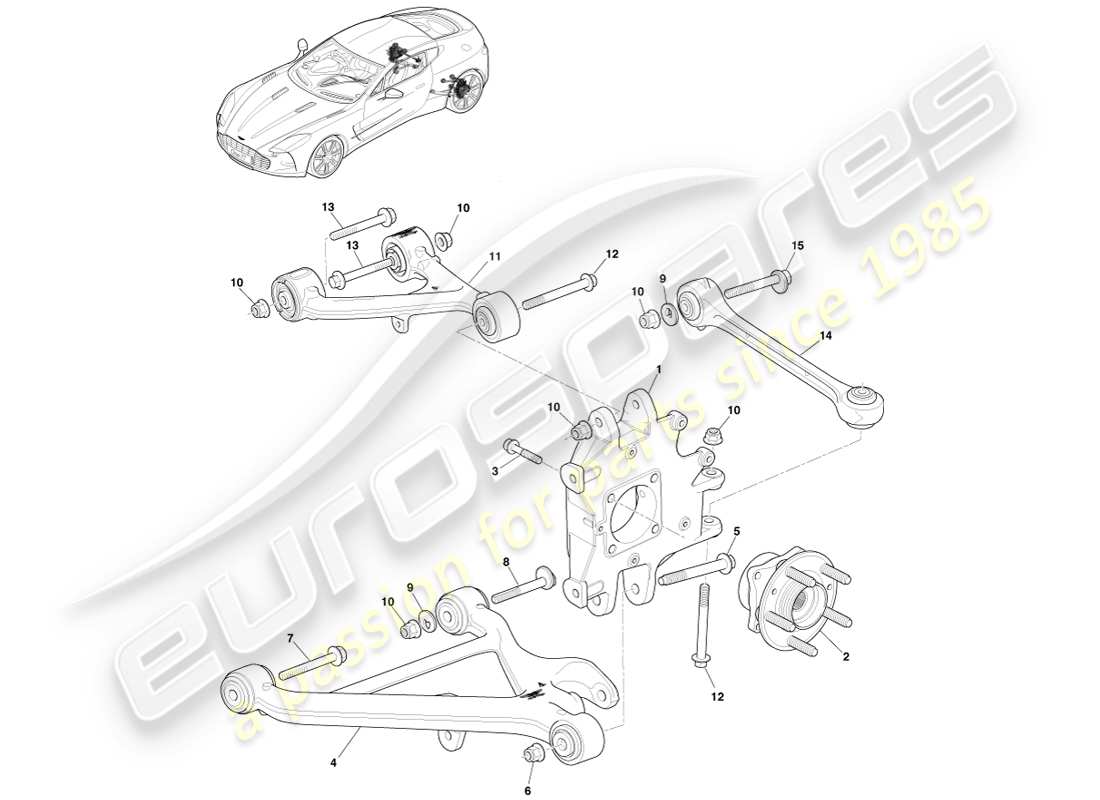 aston martin one-77 (2011) conjunto de suspensión trasera diagrama de piezas