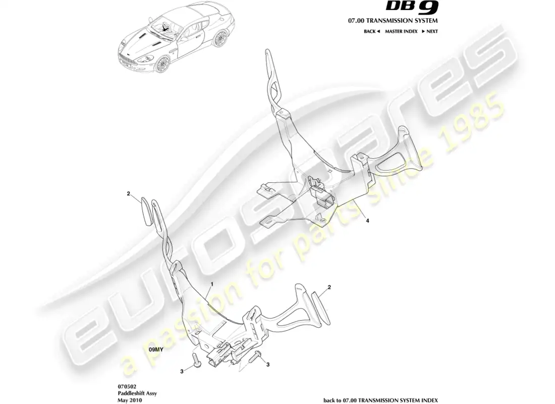 aston martin db9 (2008) cambio de paleta diagrama de piezas