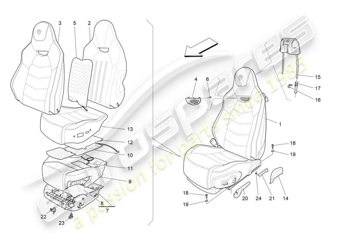 maserati qtp 3.0 tds v6 275hp (2015) asientos delanteros: diagrama de piezas de los paneles tapizados