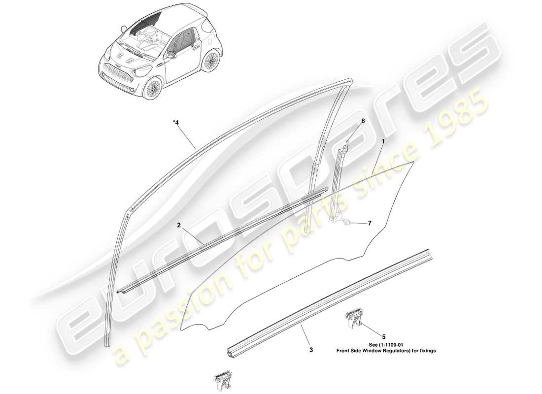aston martin cygnet (2012) diagrama de piezas de vidrio de la puerta principal