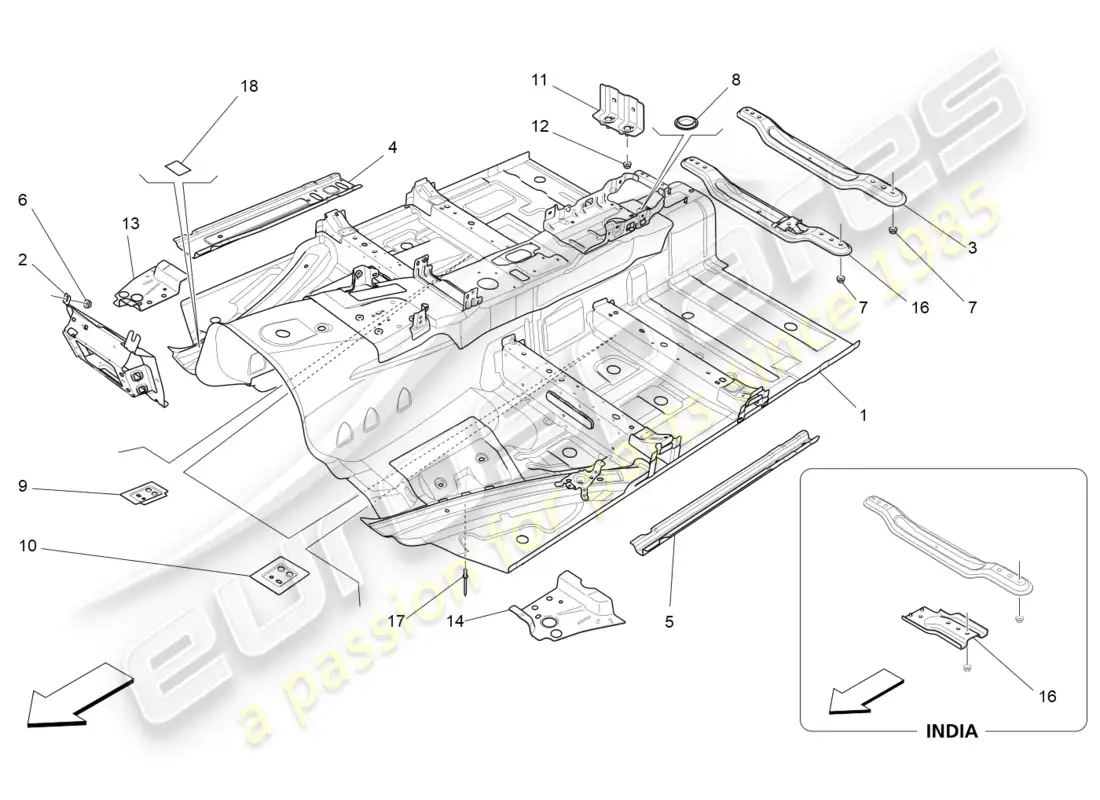 maserati qtp 3.0 tds v6 275hp (2015) diagrama de piezas de marcos estructurales centrales y paneles laminares