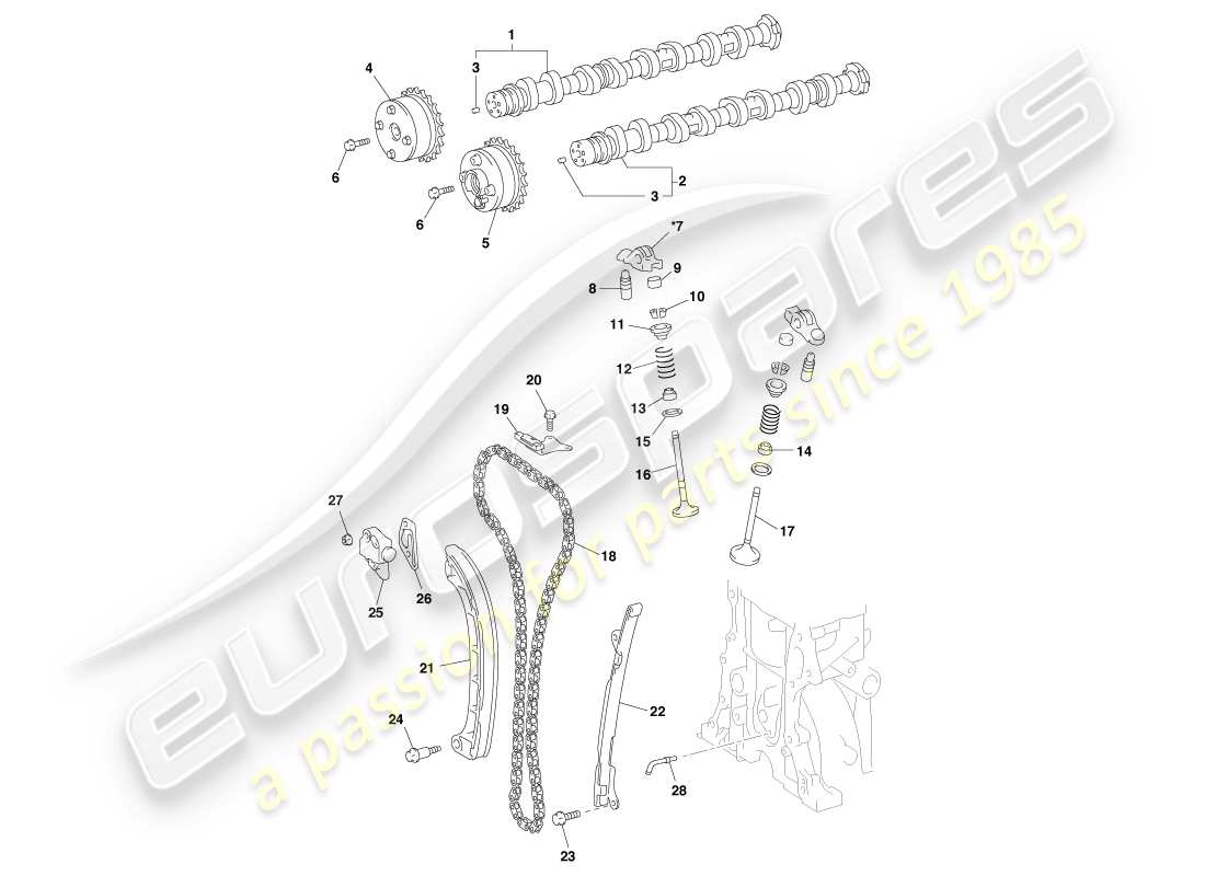 aston martin cygnet (2012) diagrama de piezas de árboles de levas y válvulas