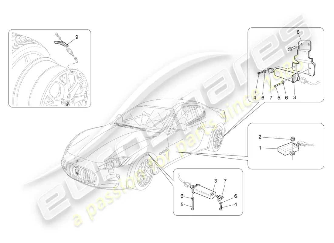 maserati granturismo (2009) sistema de control de presión de neumáticos diagrama de piezas