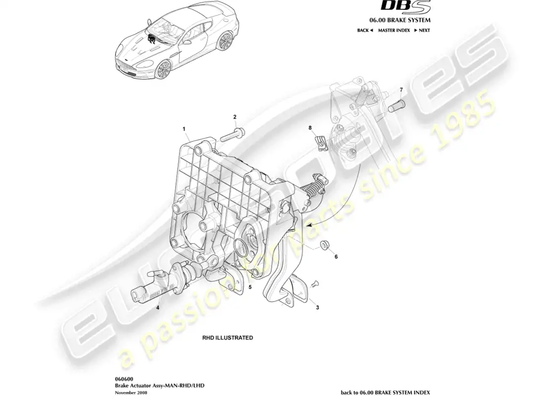 aston martin dbs (2011) conjunto del actuador de freno, diagrama de piezas de automóvil