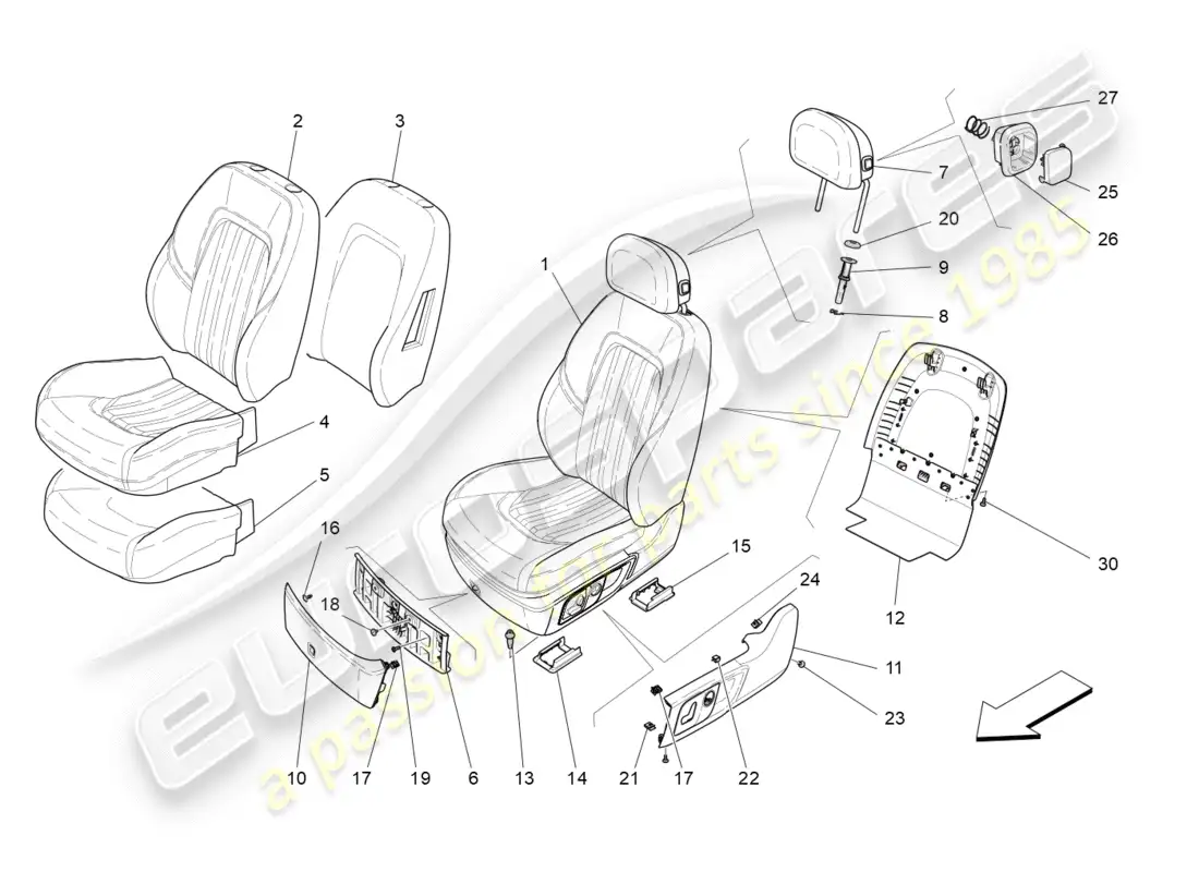 maserati qtp 3.0 tds v6 275hp (2015) asientos delanteros: diagrama de piezas de los paneles tapizados