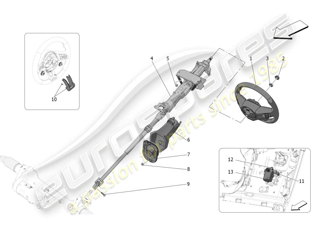 maserati grecale gt (2023) diagrama de piezas de la unidad de volante y columna de dirección