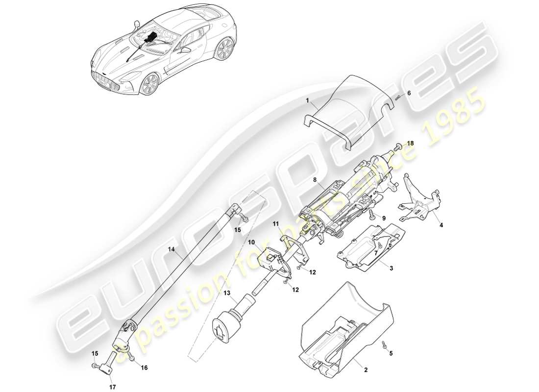 aston martin one-77 (2011) conjunto de columna de dirección diagrama de piezas