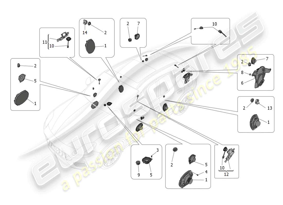 maserati grecale trofeo (2023) sistema de difusión de sonido diagrama de piezas