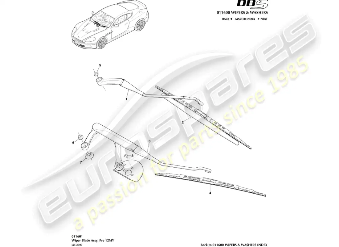 aston martin dbs (2011) conjunto de escobilla de limpiaparabrisas diagrama de piezas