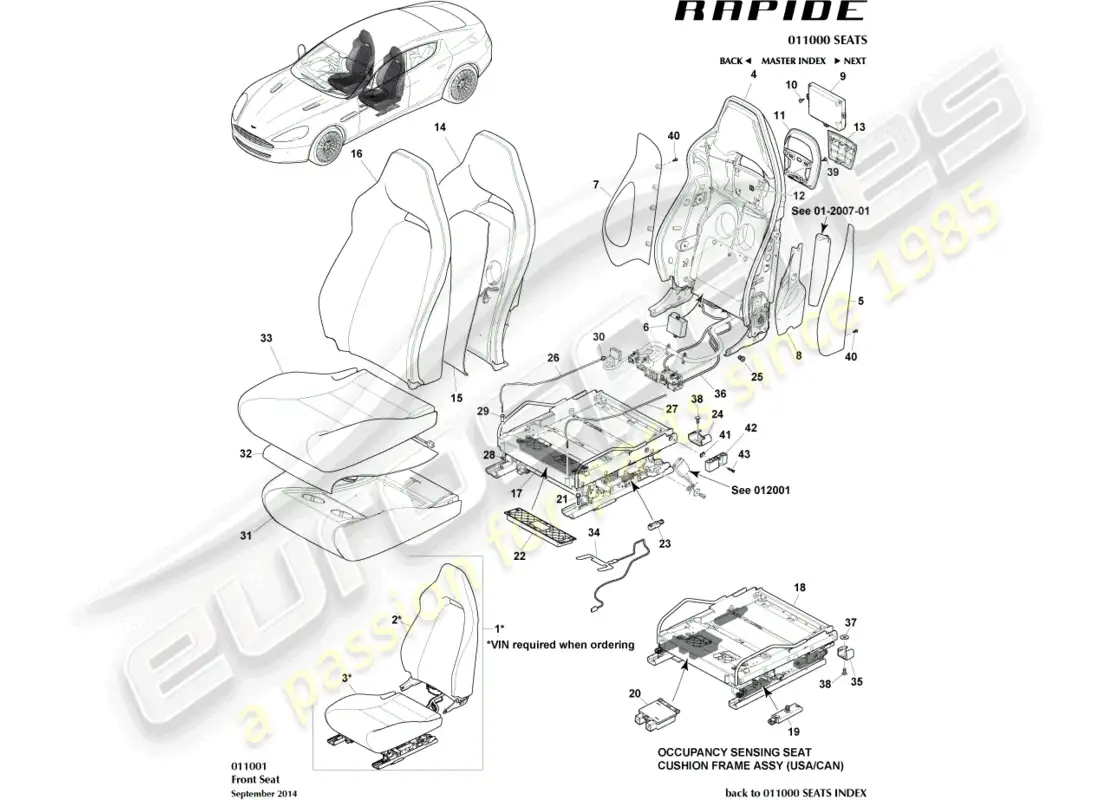 aston martin rapide (2012) asientos delanteros diagrama de piezas