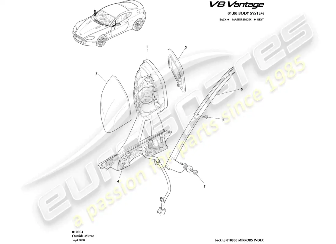 aston martin v8 vantage (2008) diagrama de piezas de los espejos retrovisores exteriores