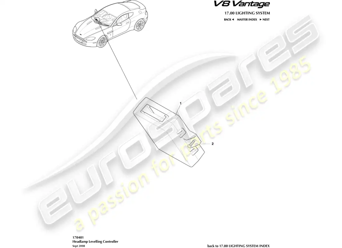 aston martin v8 vantage (2008) diagrama de piezas del controlador de nivelación de faros
