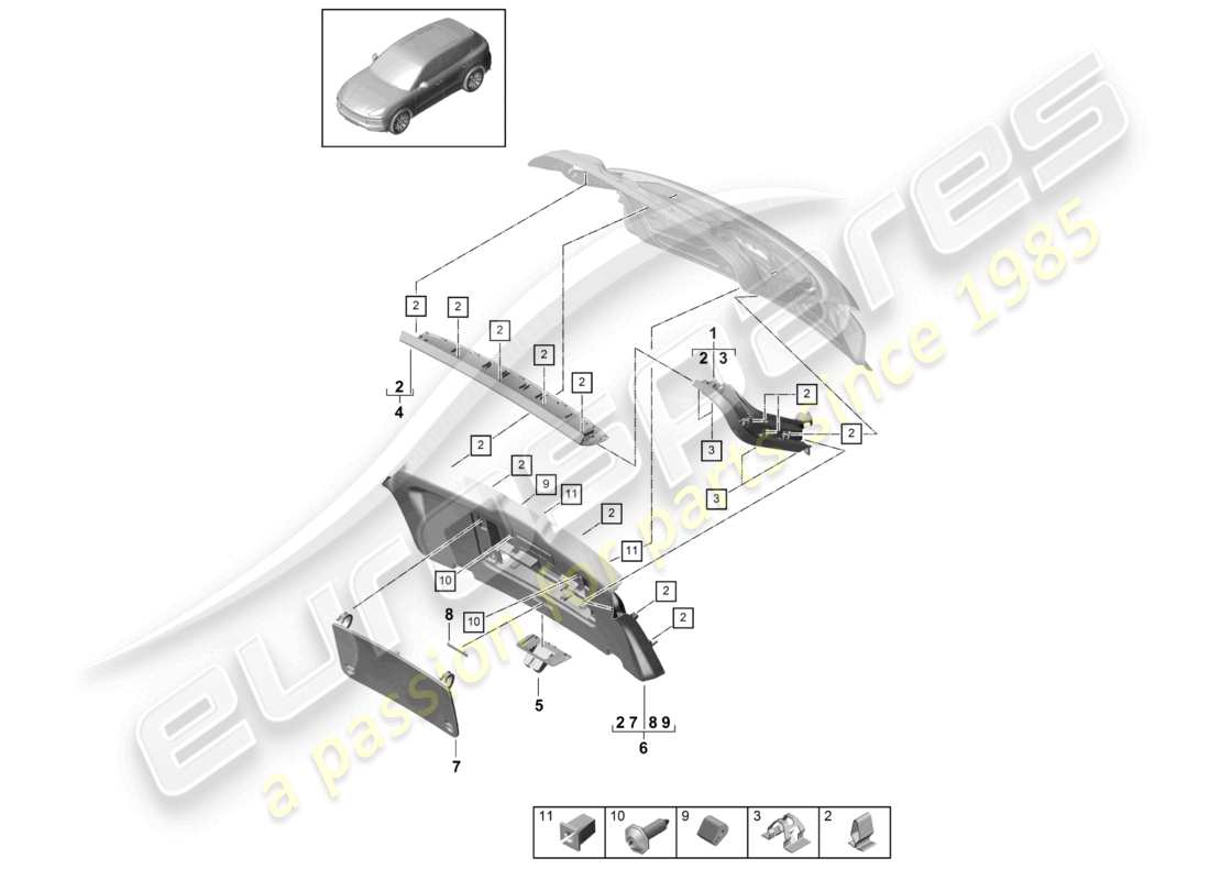 porsche 2021 (cayenne e3 9ya/9yb) recorte del portón trasero diagrama de piezas