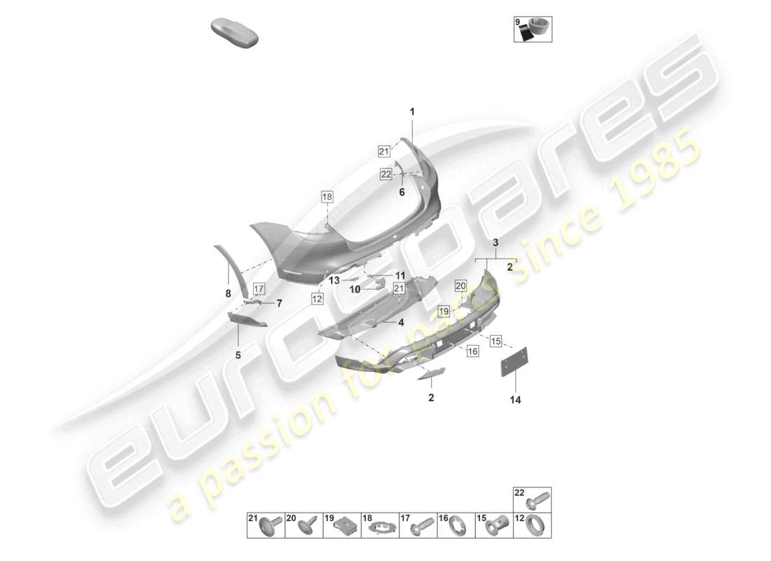 porsche 2021 (taycan 9j1-1) diagrama de piezas del parachoques trasero del taycan cross turismo turbo offroad cross turismo