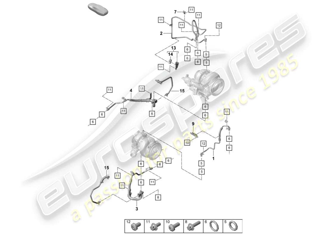 porsche 2023 (992-1 turbo / s) diagrama de piezas del tubo de aceite del turbocompresor de gases de escape