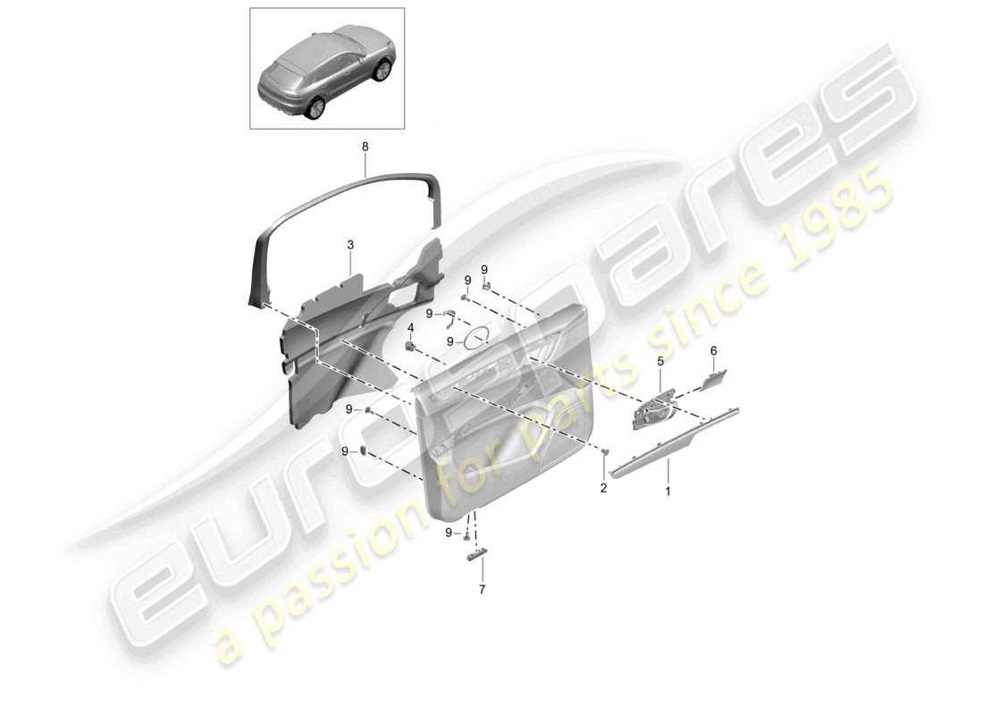 porsche 2023 (macan) accesorios puertas delanteras panel de la puerta diagrama de piezas