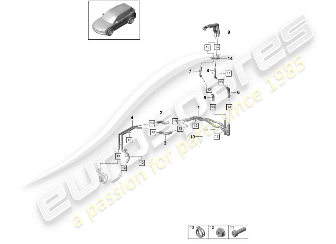porsche 2021 (cayenne e3 9ya/9yb) calentador v6 parte trasera circuito de baja temperatura para vehículos con propulsión híbrida diagrama de piezas