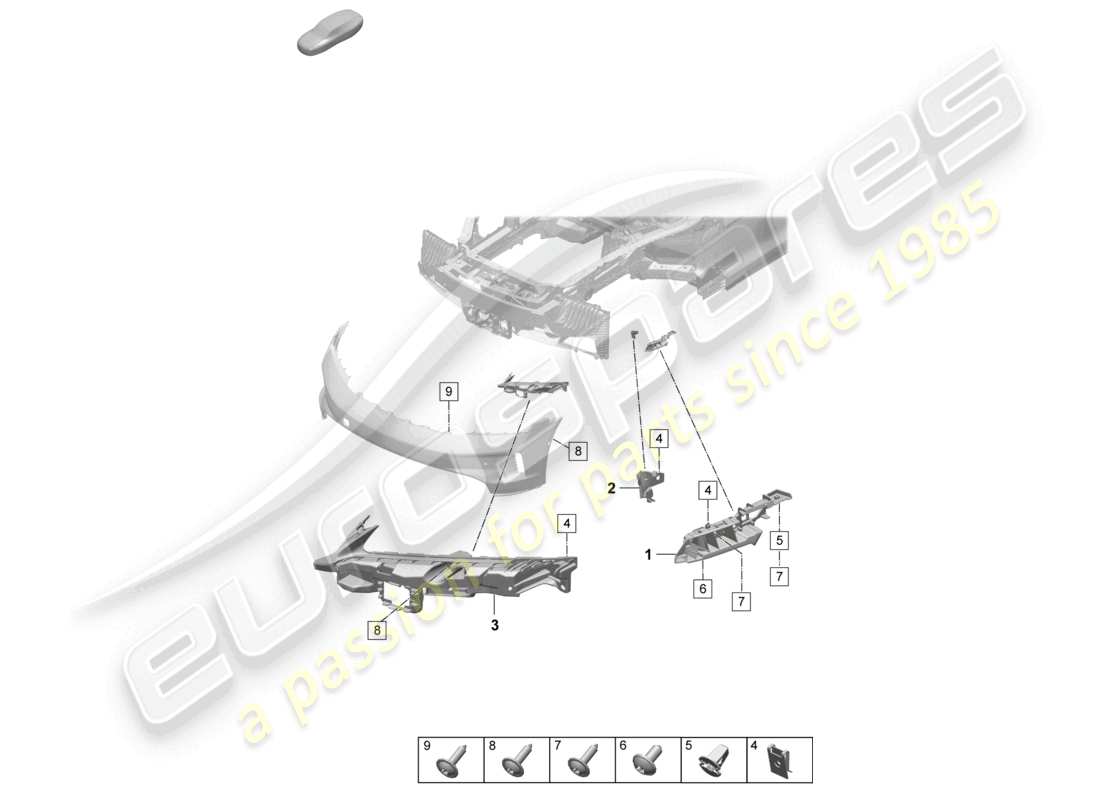 porsche 2025 (taycan 9j1-2) diagrama de piezas de sujeción del parachoques delantero