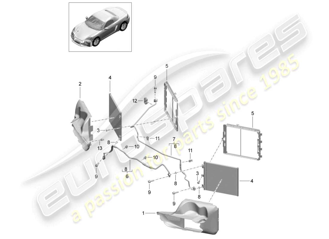 porsche 2024 (718 boxster) diagrama de piezas del circuito frontal del refrigerante