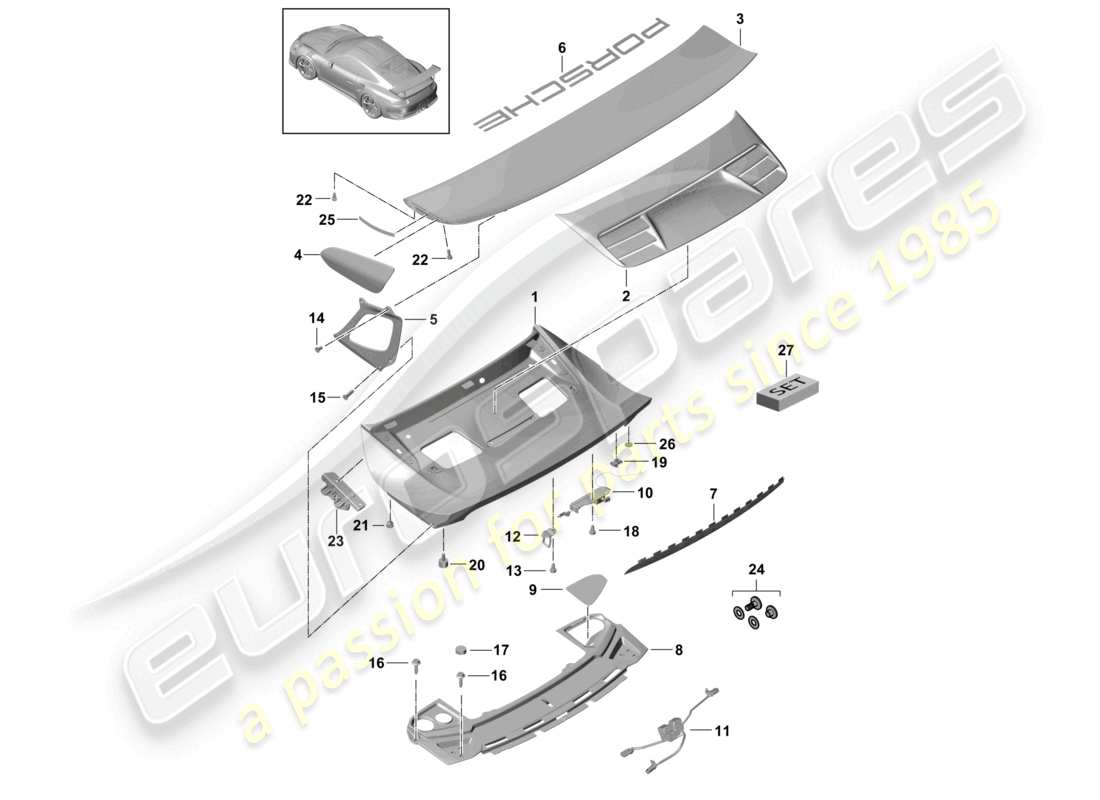 porsche 2021 (991-2 r/gt3/rs) tapa trasera alerón trasero accesorios d - mj 2018>> diagrama de piezas