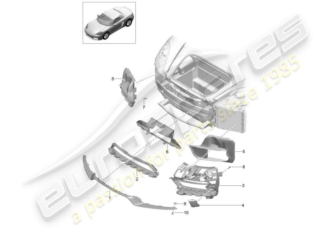 porsche 2023 (718 boxster) diagrama de piezas del parachoques delantero con guía de aire, paquete sport design y gts