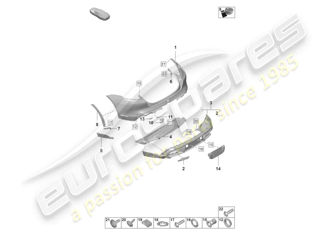 porsche 2021 (taycan 9j1-1) diagrama de piezas del parachoques trasero del taycan cross turismo turbo s offroad cross turismo