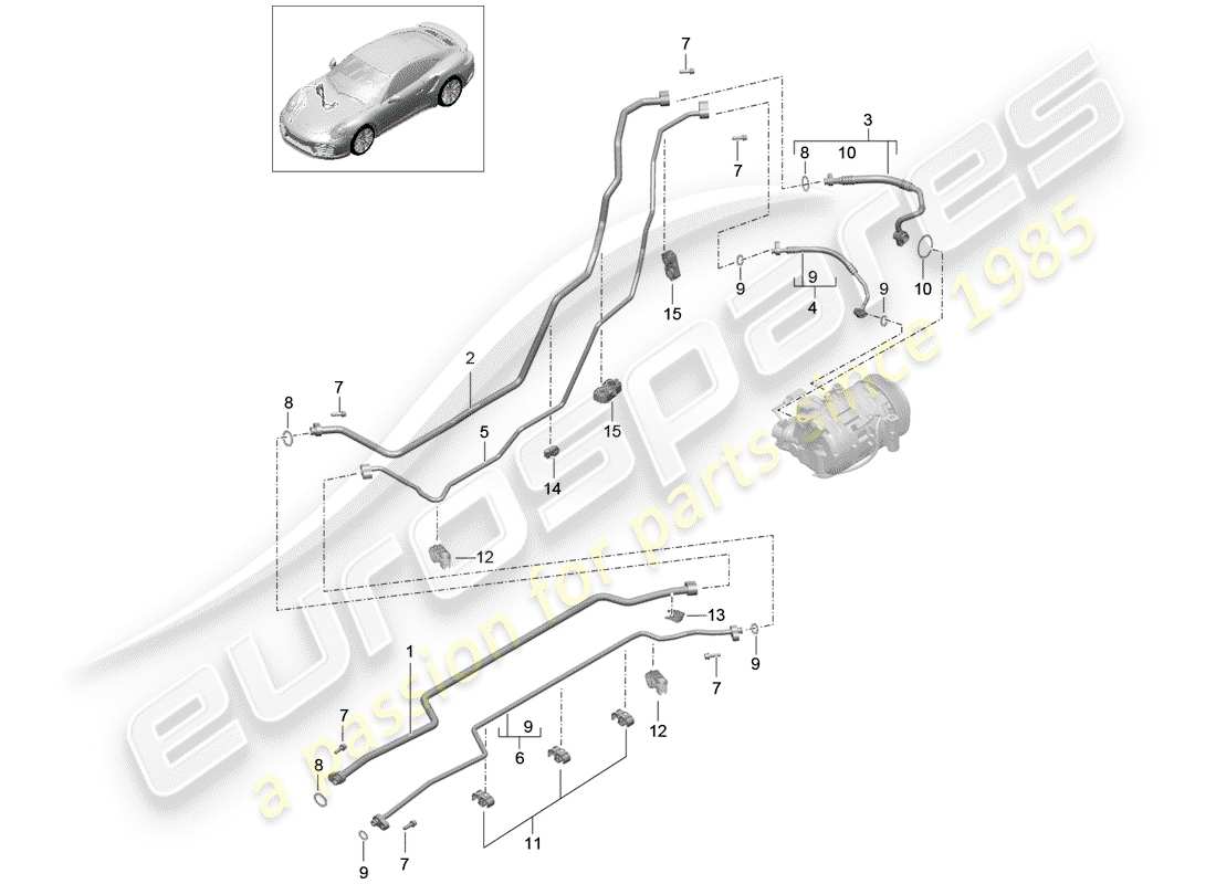 porsche 991 turbo (2018) línea de refrigerante diagrama de piezas