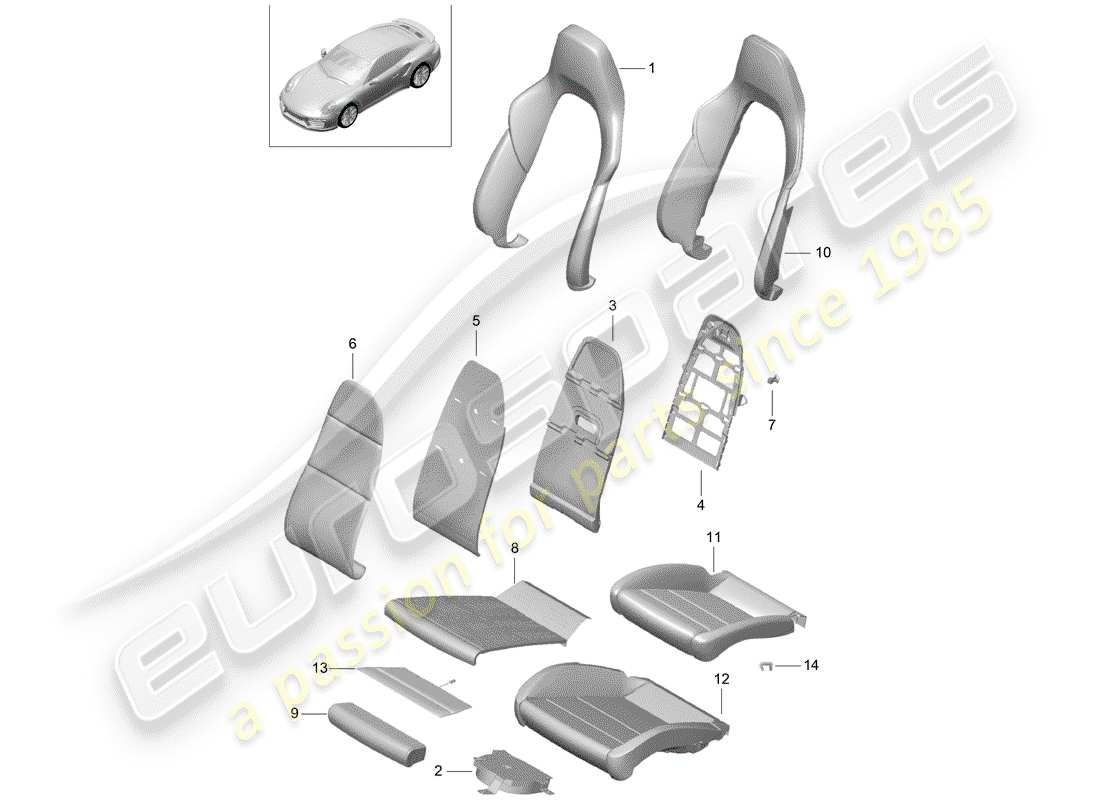 porsche 991 turbo (2018) diagrama de piezas de la pieza de espuma