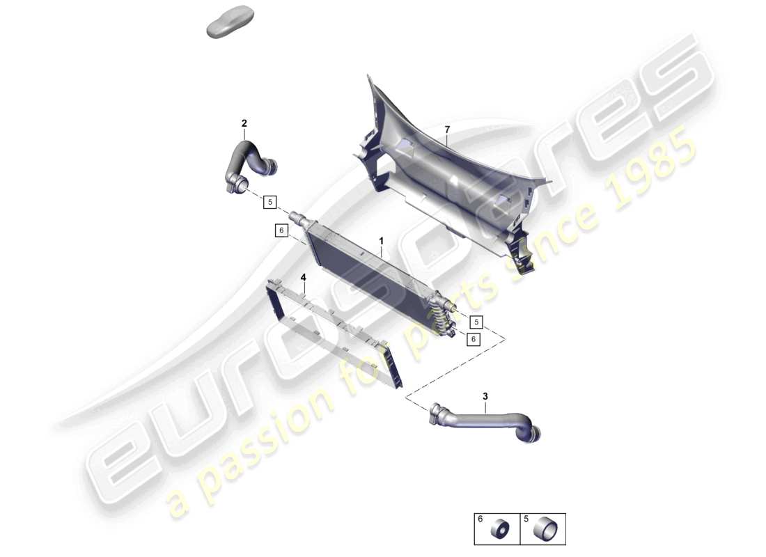 porsche 2021 (718 cayman gt4) diagrama de piezas del enfriador de refrigerante delantero para vehículos con radiador de refrigerante central adicional