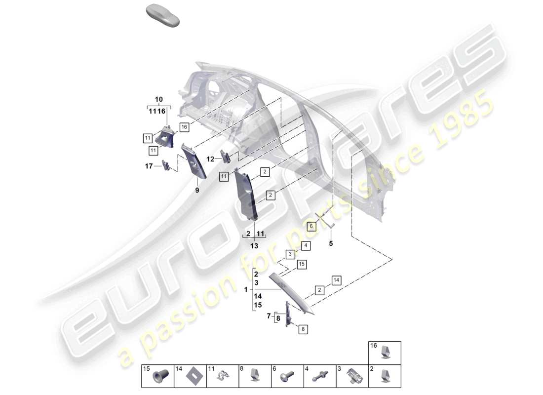 porsche 2024 (cayenne e3 pa) diagrama de piezas del elemento de deformación y moldura del pilar a superior del pilar b del pilar c