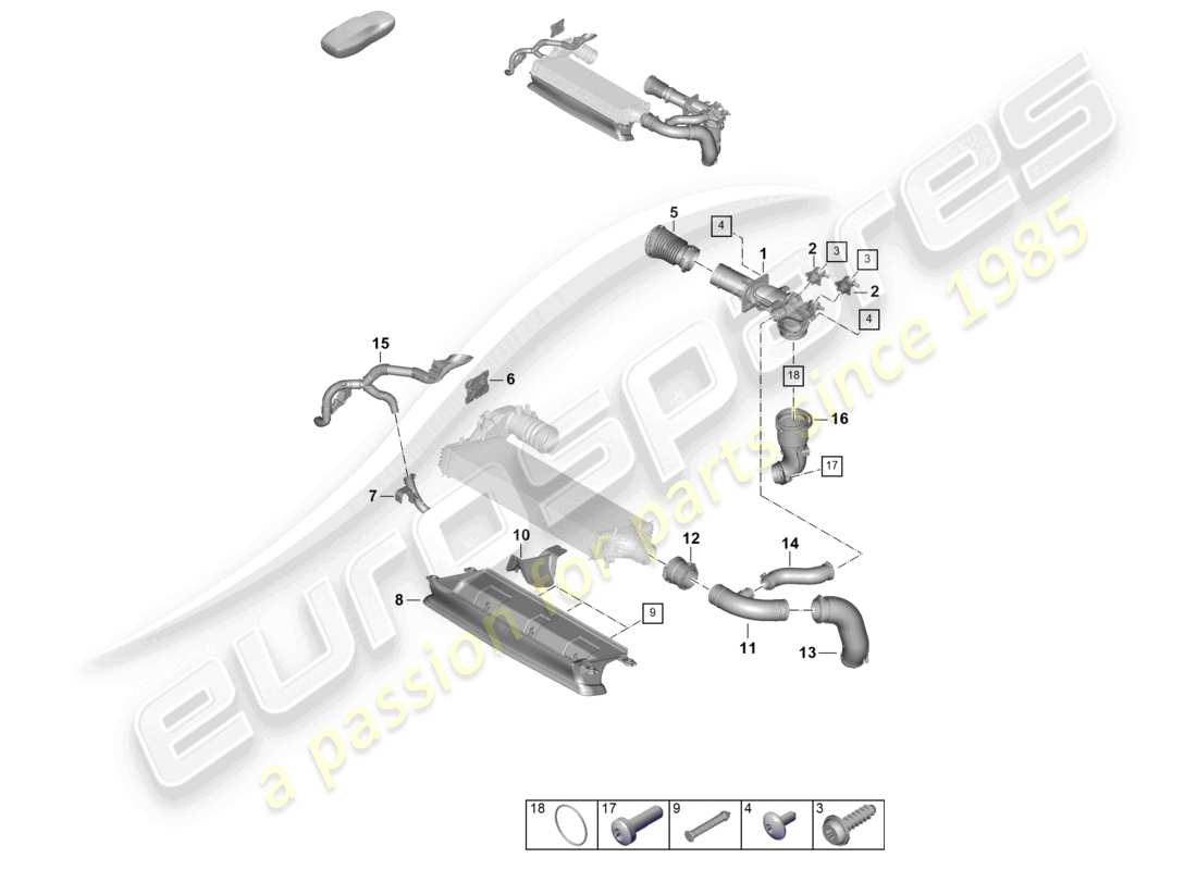 porsche 2026 (992-2) diagrama de piezas de la guía de aire del enfriador de aire de carga