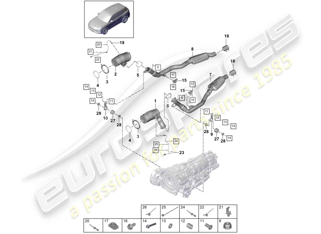 porsche 2021 (cayenne e3 9ya/9yb) sistema de escape convertidor catalítico sonda lambda convertidor catalítico diagrama de piezas