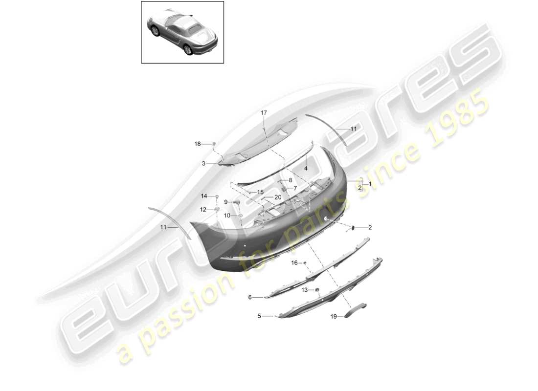 porsche 2023 (718 boxster) diagrama de piezas del paquete gts sport design del parachoques trasero