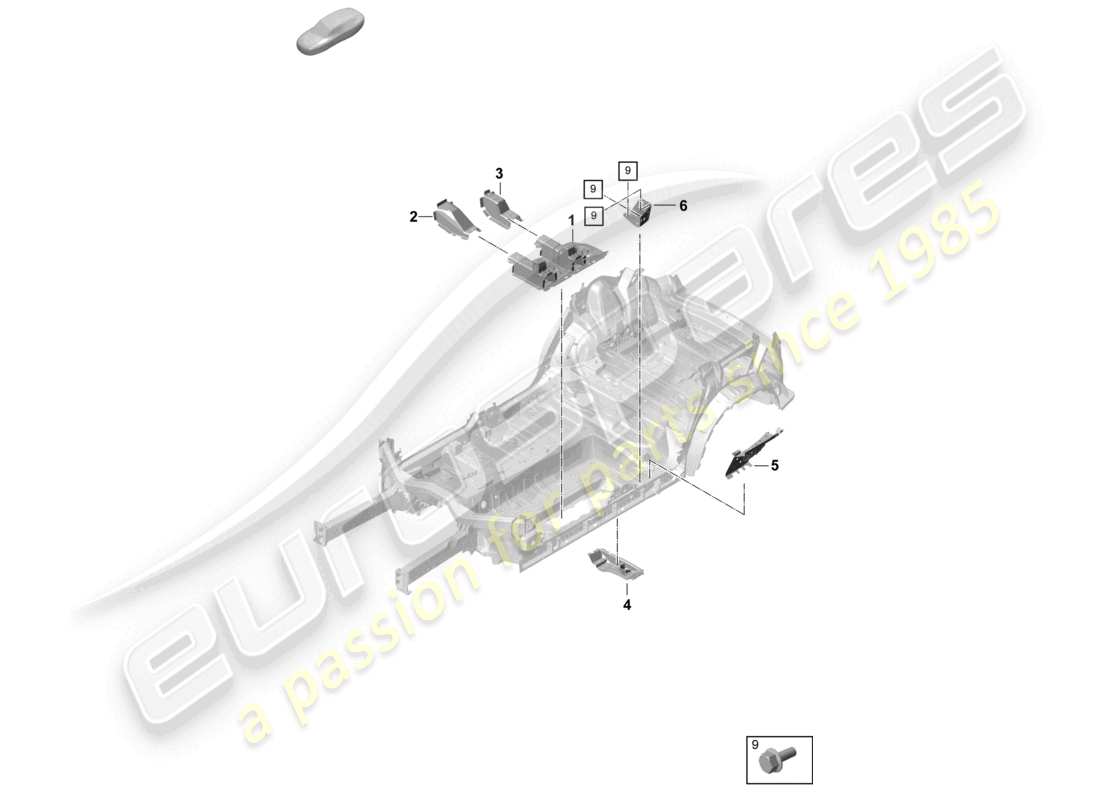 porsche 2025 (cayenne e3 pa) diagrama de piezas del centro de soporte del asiento delantero de la placa inferior