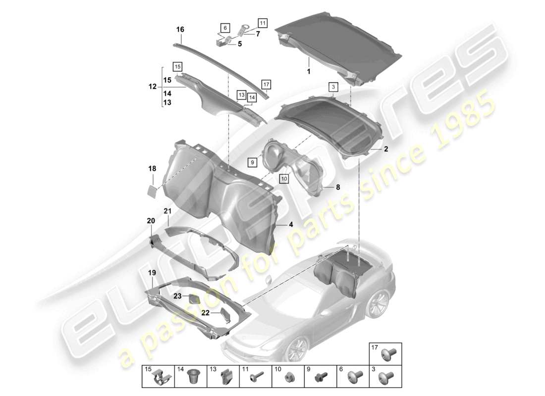 porsche 2021 (718 cayman gt4) diagrama de piezas del compartimento del motor