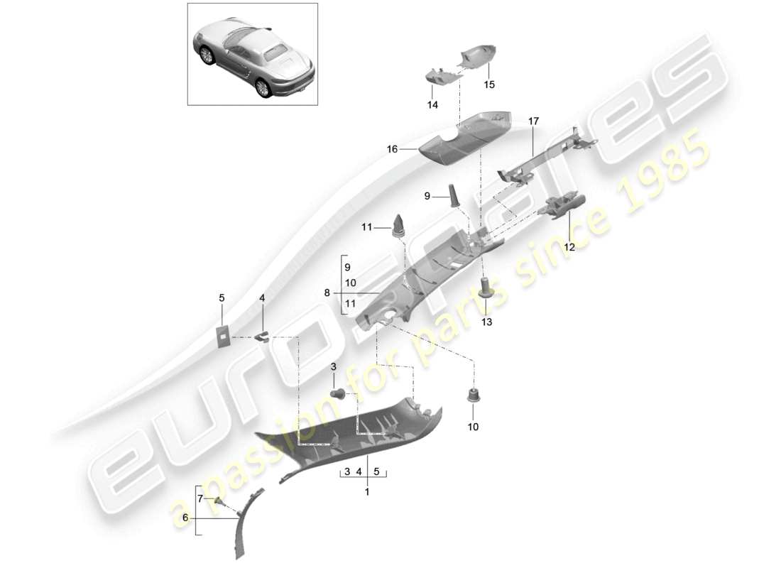 porsche 2024 (718 boxster) diagrama de piezas del marco del parabrisas del pilar a