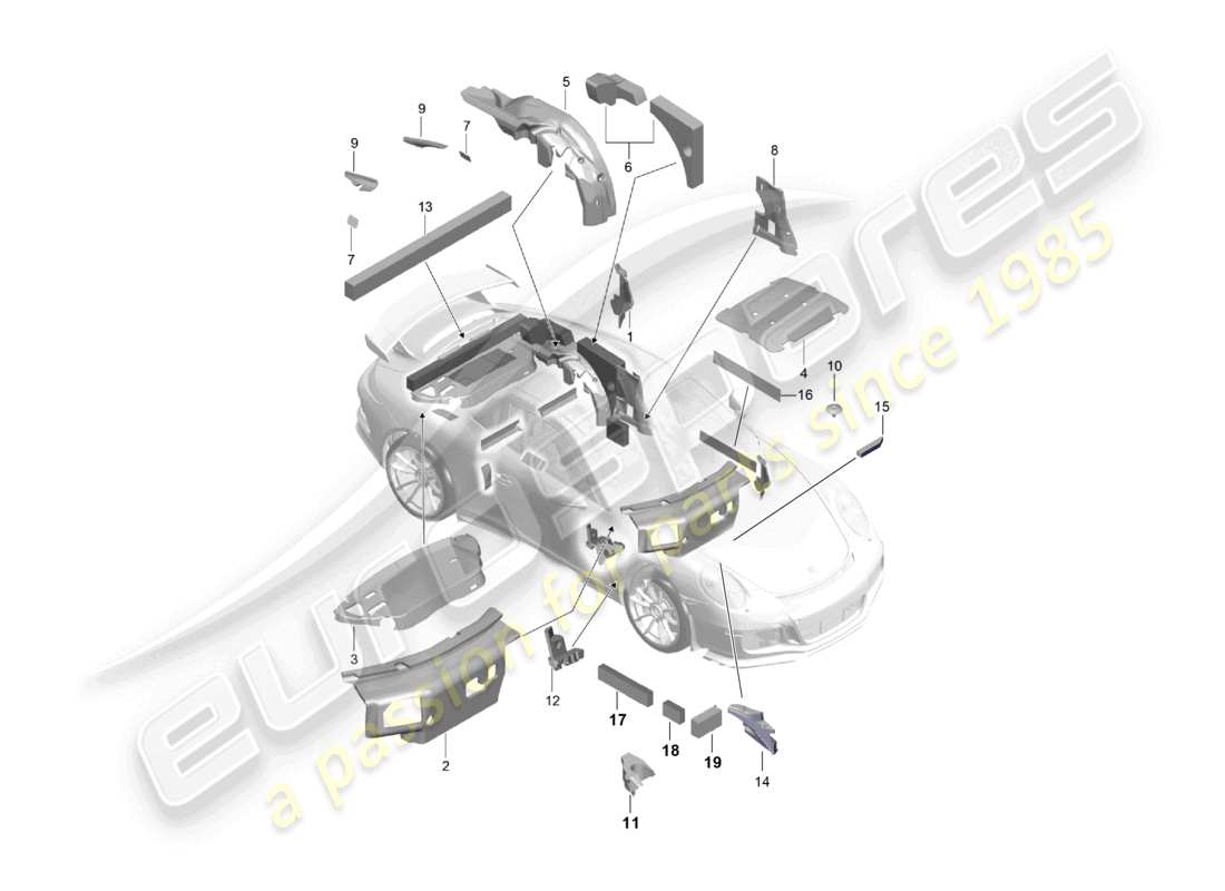 porsche 2021 (991-2 r/gt3/rs) diagrama de piezas del absorbedor de sonido corporal