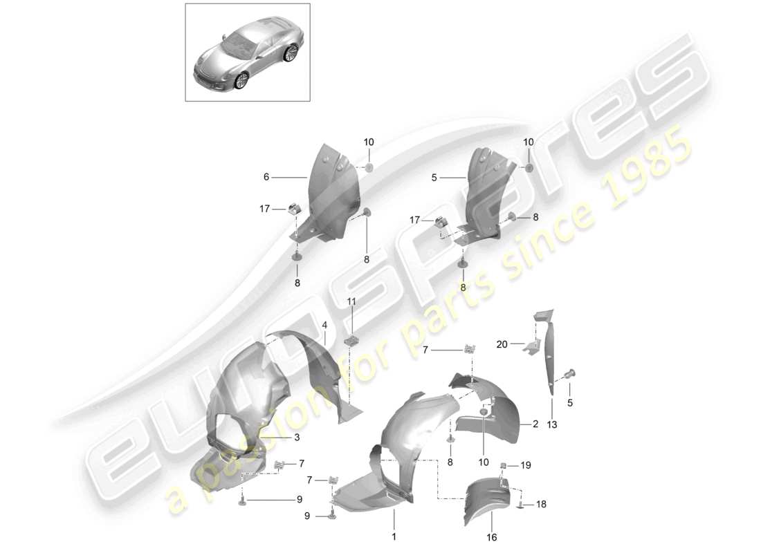porsche 2021 (991-2 r/gt3/rs) diagrama de piezas de los revestimientos de los alojamientos de las ruedas