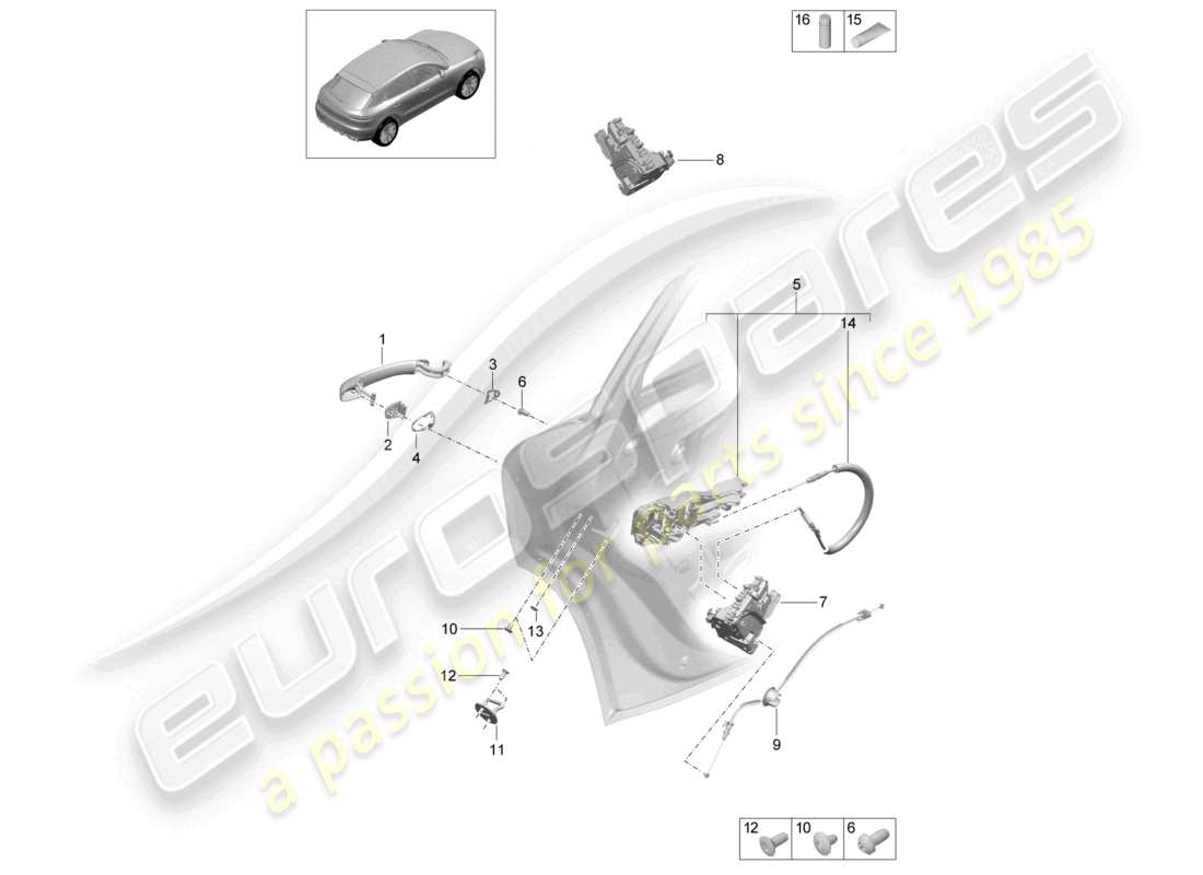 porsche 2021 (macan) manijas de puerta trasera cerradura de puerta diagrama de piezas
