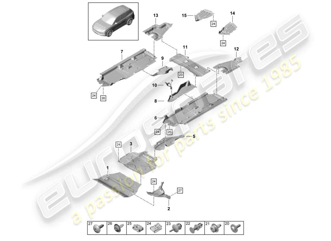 porsche 2021 (cayenne e3 9ya/9yb) diagrama de piezas del revestimiento de los bajos