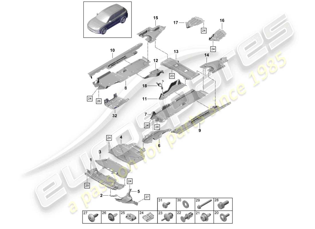 porsche 2021 (cayenne e3 9ya/9yb) diagrama de piezas del revestimiento de los bajos